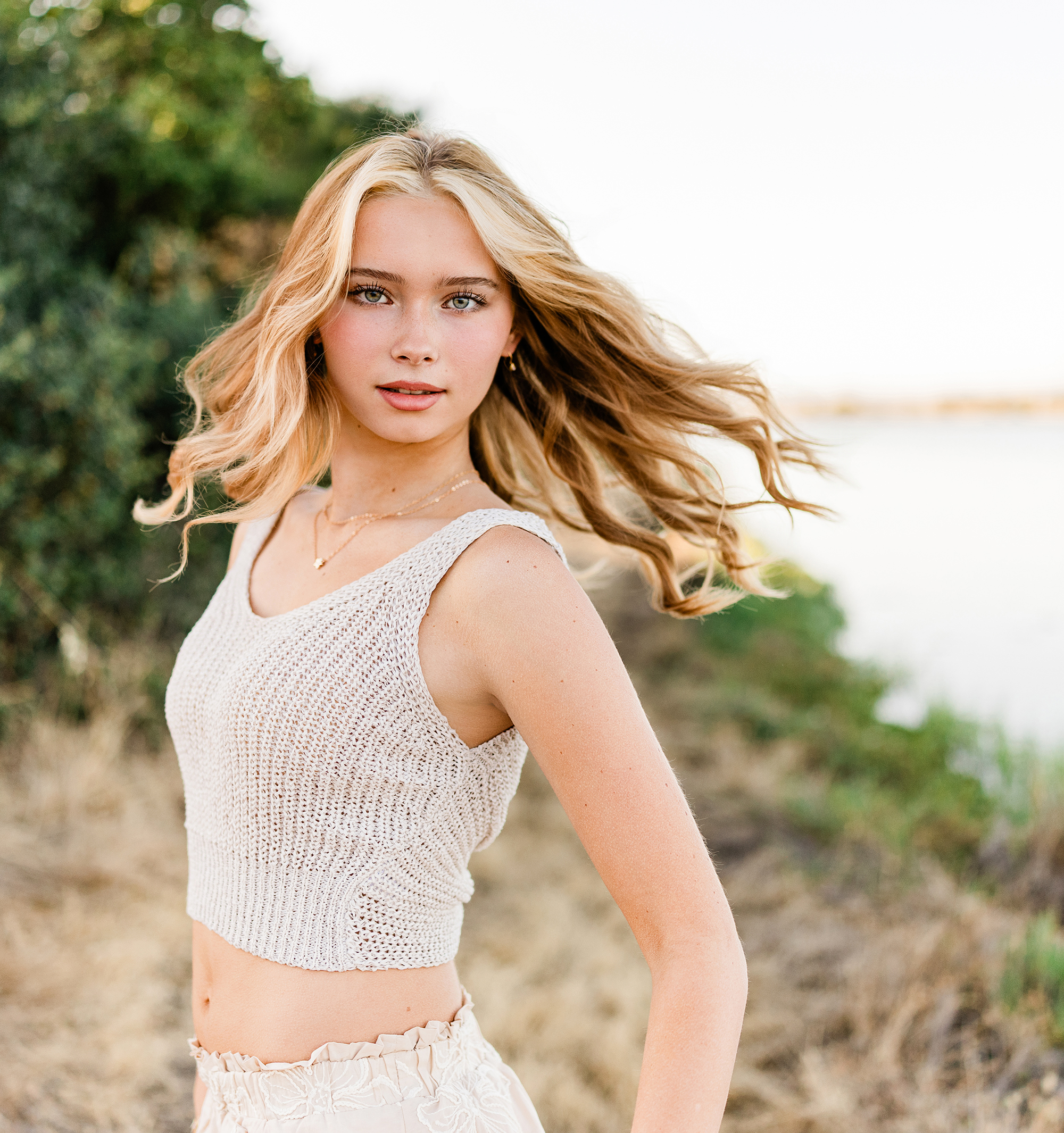 Rising high school senior Sofia during her Marin senior portrait session at sunset along the Marin waterfront, photographed by Leah Prahm Photography.